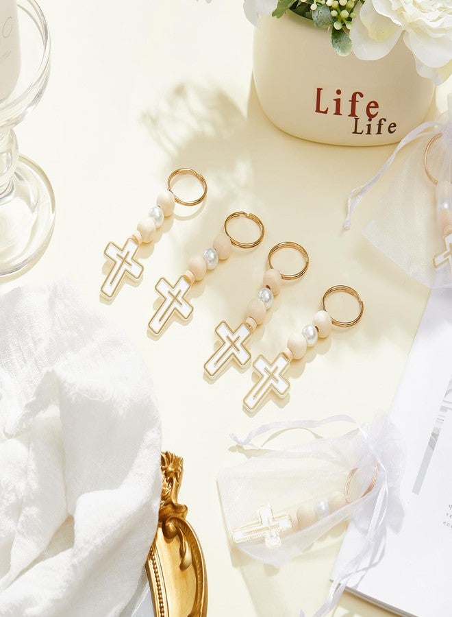 Quelay 50 Sets First Holy Communion Favors Rosary Beads with Cross Crucifix Keychain White Organza Bag Christening Baptism Gifts (White) - Image 4